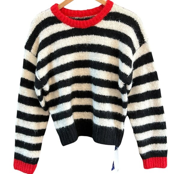 NWT Cider Black White Striped Fuzzy Wool Blend Sweater French Girl Pink Prep - Picture 1 of 6